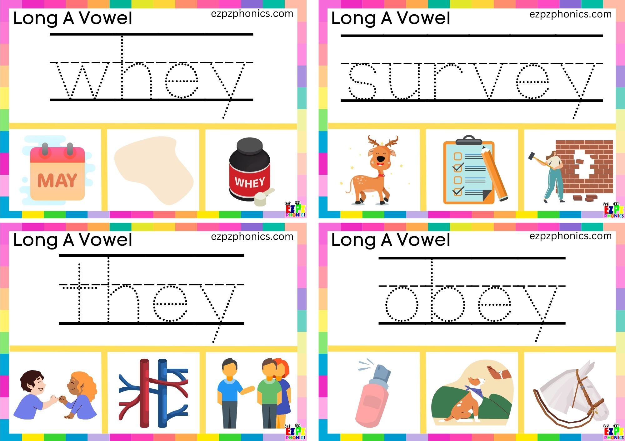 Write the word and clip the image Clip cards for long a vowel ey words